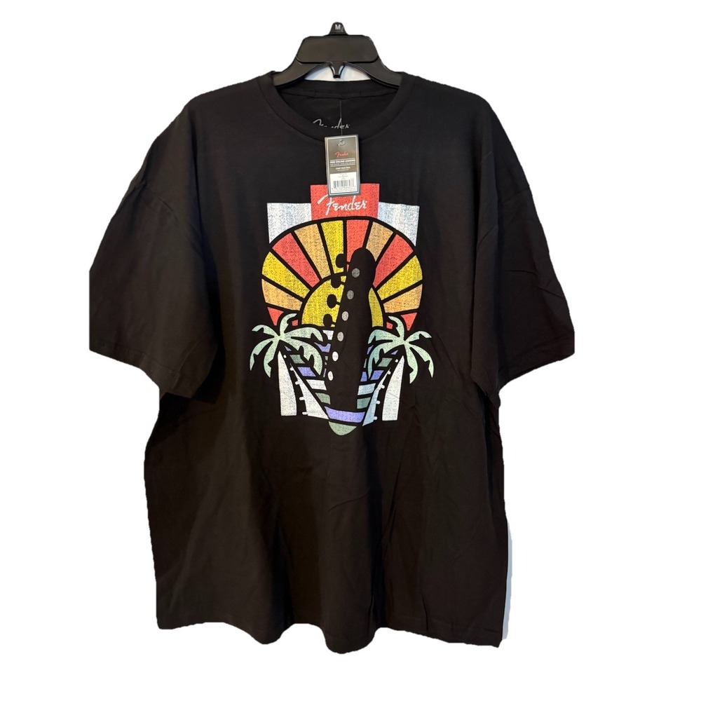 Fender Graphic T Shirt Mens 2XL Palm Tree Guitar Pick Black Tee New NWT